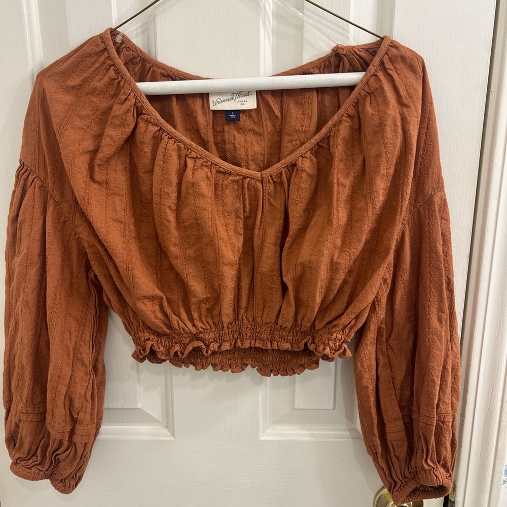 Universal Thread Orange Cropped Blouse with Puff Sleeves and Ruched Style
